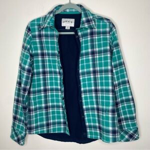 Orvis Women’s 100% Cotton, Fleece Lined Plaid Shacket Jacket Green Navy Blue S